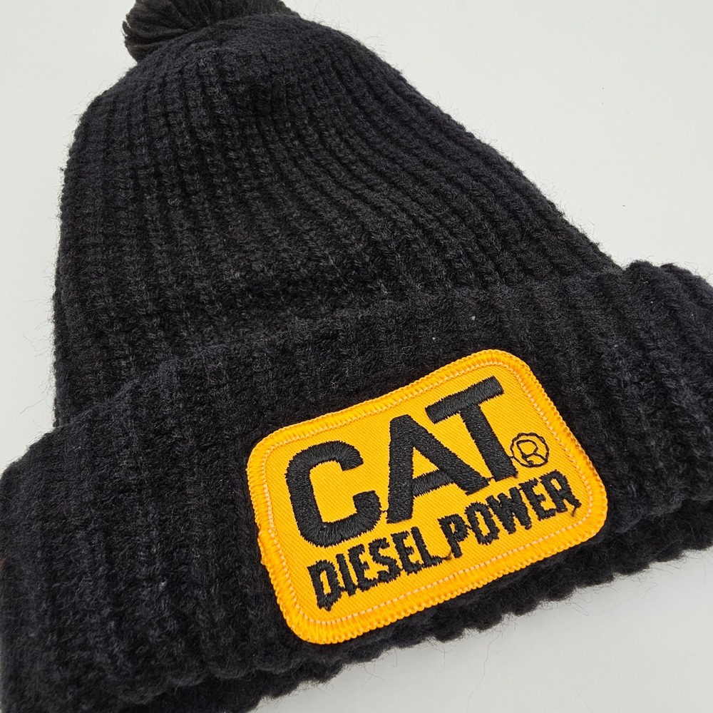 Vtg CAT Diesel Power Beanie Hat Black Ribbed Knit Pom Pom Caterpillar Logo Patch